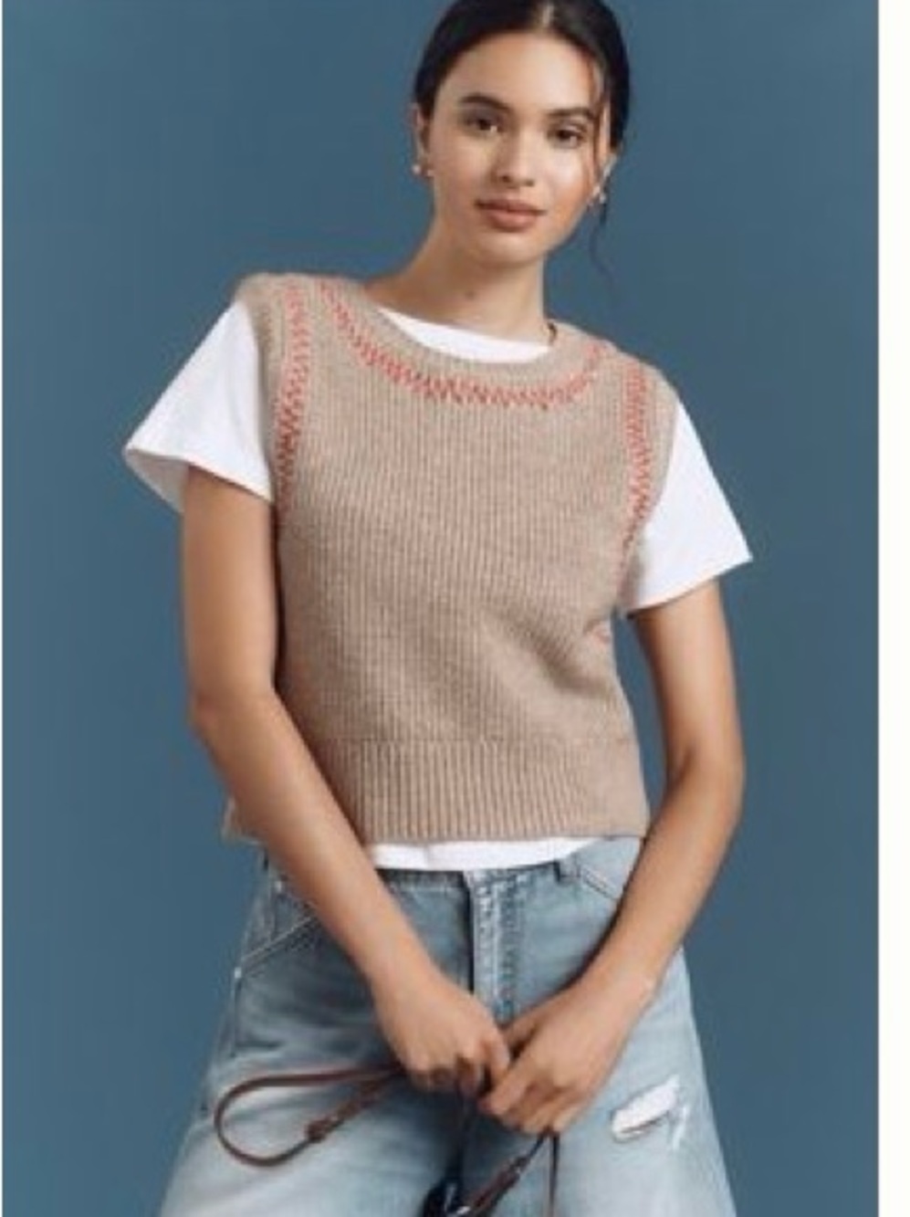 Anthropologie Beige Knit Sleeveless Sweater Vest with red Trim
